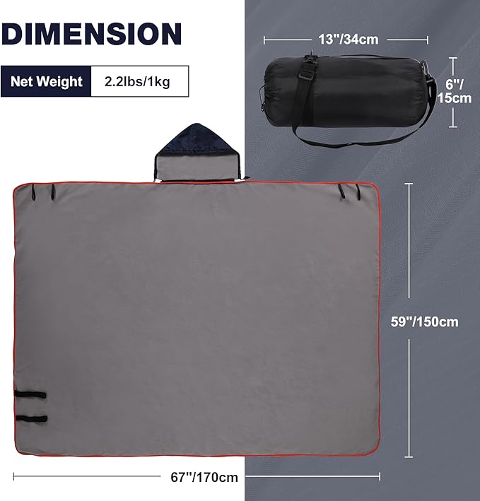 REDCAMP Hooded Stadium Blanket Waterproof Windproof for Cold Weather Soft Warm Fleece Outdoor Blanket Portable for Camping Sports Picnic Dark Blue