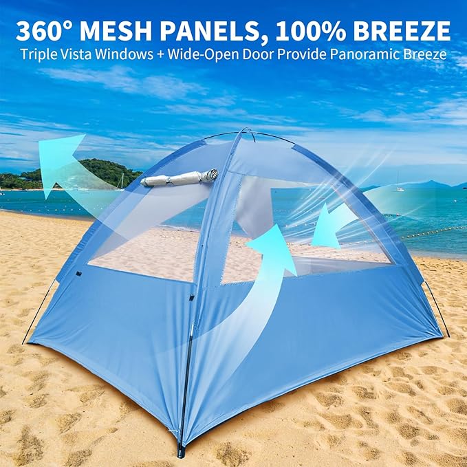 COVACURE 2026 New Upgraded Beach Tent Sun Shelter for 3-4 Person - UPF 50+ UV Protection Beach Shade Waterproof &amp Lightweight Easy Setup Portable Sun Canopy for Camping Fishing Beach(Blue)