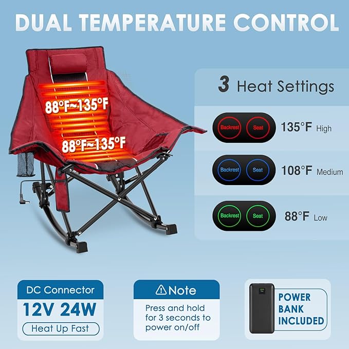 Suteck Heated Rocking Camping Chair XL Oversized Rocking Chair Outdoor with 3 Heat Levels for Back and Seat Heated Chairs Outdoor Sports W/20000mAh Power Bank for Patio Lawn Picnic Travel