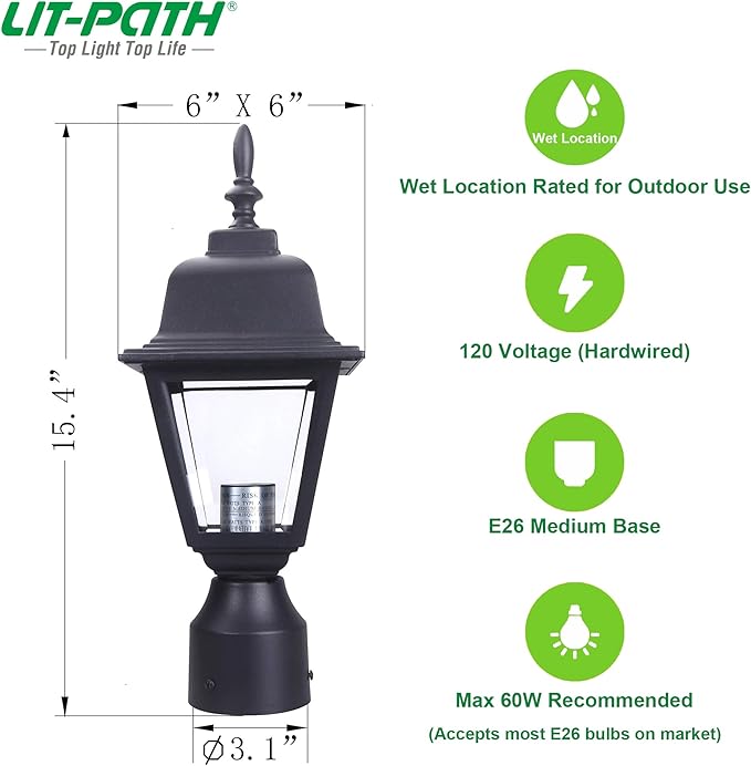 LIT-PaTH Outdoor Post Lighting Fixture Pole Lantern E26 Medium Base Max 60W Aluminum Housing Plus Clear Glass Bulb Not Included Matte Black Finish 1-Pack