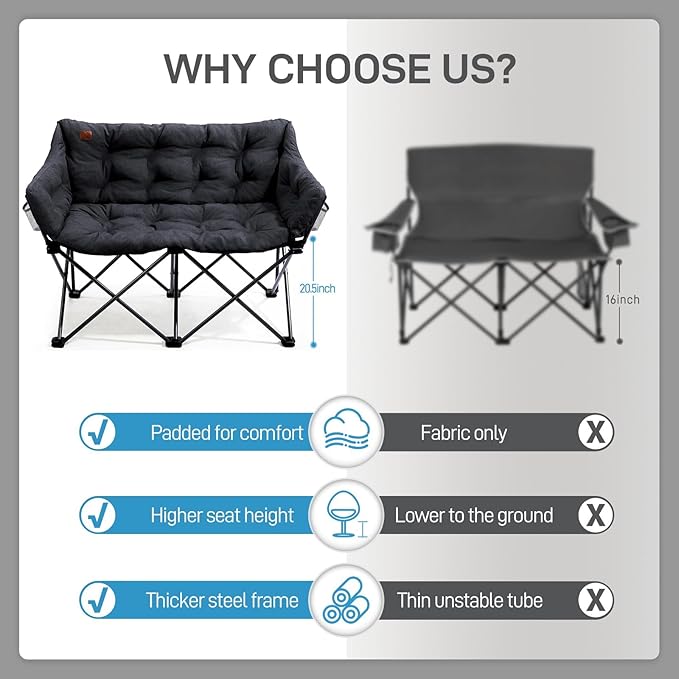 EVER ADVANCED Double Camping Chair for Adults Padded Folding Camping Loveseat Bench with Side Pocket Portable Camping Couch Two Person Heavy Duty Outdoor Chair with CushionSupport 600lbs Black