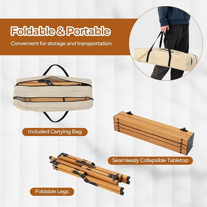GYMAX Folding Camping Table Aluminum Roll-Up Picnic Table with Carrying Bag Portable Low Beach Table for Outdoor Travel Hiking Party BBQ Backyard