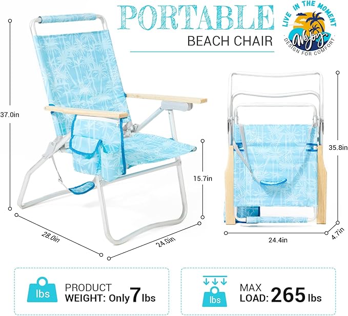 #WEJOY High Back Beach Chair 4 Position Adjustable Heavy Duty Aluminum Folding Backpack Camping Chairs with Wooden Armrest Storage Bag &amp Cup Holders for Outdoor Travel Fishing (Blue White)