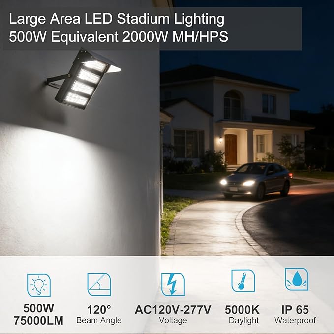 Upgrade 500W LED Flood Light Outdoor with Brim 75000Lm Led Stadium Light with Adjustable Bracket IP65 AC100-277V Commercial Area Lighting for Backyard/Basketball Court-2Pack