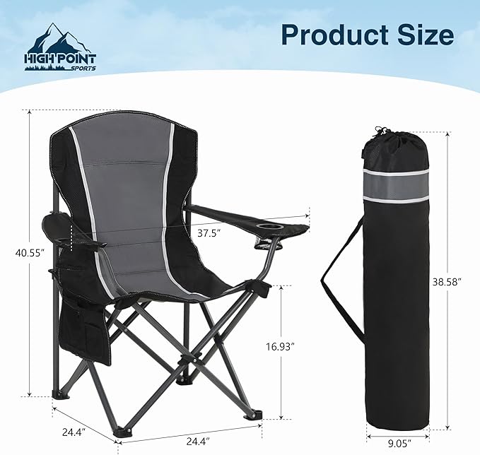 HIGH POINT SPORTS Oversized Camping Folding Chair Heavy Duty Outdoor Chair with Armrest Portable Lawn Chair with Cup Holder for Adults Support 350 LBS 2 Pack Gray-Black