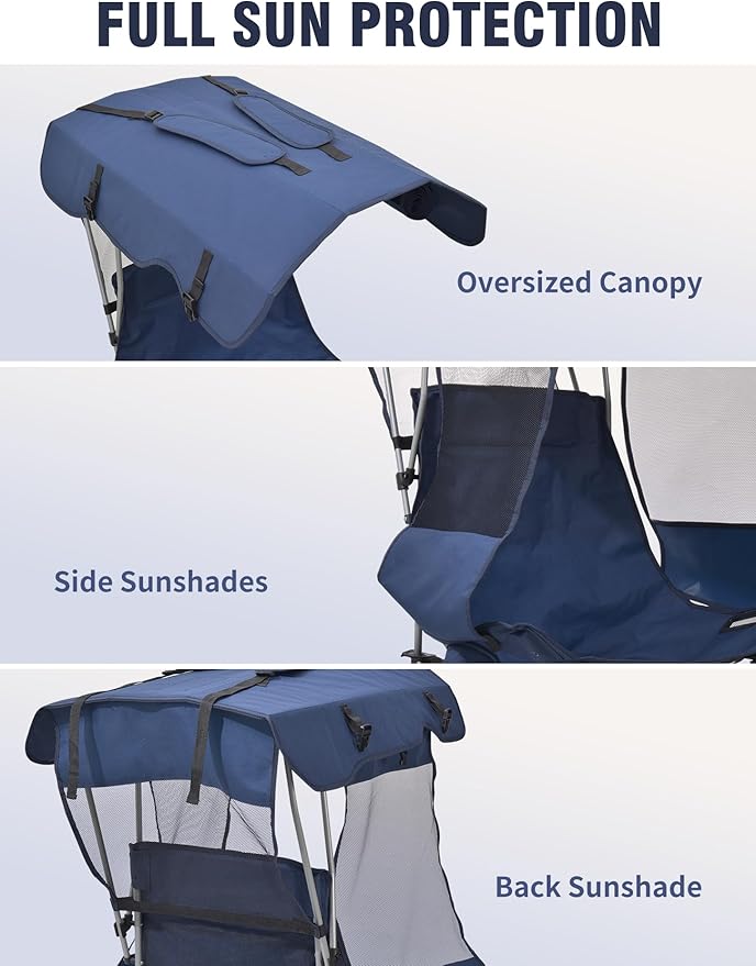 East Oak Oversized Camping Chair with Canopy | 400 LBS Heavy Duty Folding Beach Chair with Canopy Shade Roomy Seat Maximum Sun Protection Ample Storage for Sports Events Fishing