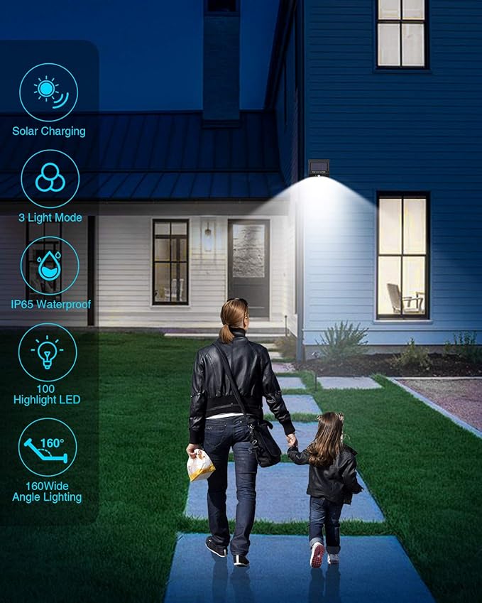 4 Pack Solar Motion Lights Outdoor 3 Modes/100LED Solar Security Wall Lights Outdoor Wireless IP65 Waterproof for Front Door Backyard Garage Deck