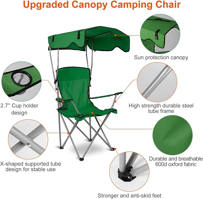 Camping Chair with Canopy Outdoor Folding Lounge Chair with Adjustable UPF 50+ Sun Shade &amp Cup Holder Portable Camping Recliner for Camp Beach Outdoor Sports 350LB Max Support - U.S Spot
