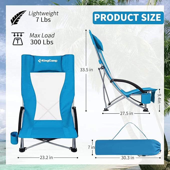 KingCamp Folding Beach Chair 2 Pack High Back Lightweight Portable Backpack Chair with Headrest Cup Holder for Camping Outdoor Sand Concert Lawn Festival Sports Blue