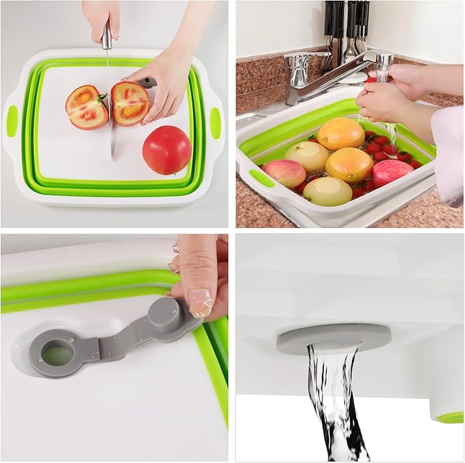 2 Pack Collapsible Cutting Board Foldable Dish Tub with Draining Hole Portable Chopping Board with Colander 3 in 1 Multifunction Camping Sink for Washing Dish Bowl Vegetables and Fruit