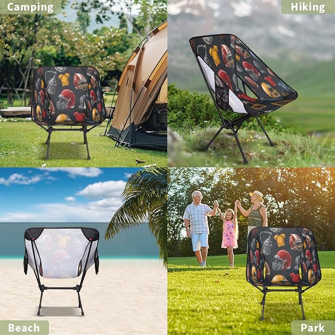 Rugby Camping Chair Folding Backpacking Chair Sports Ball Portable Lightweight Outdoor Chairs with Side Pockets for Hiking Beach Picnic