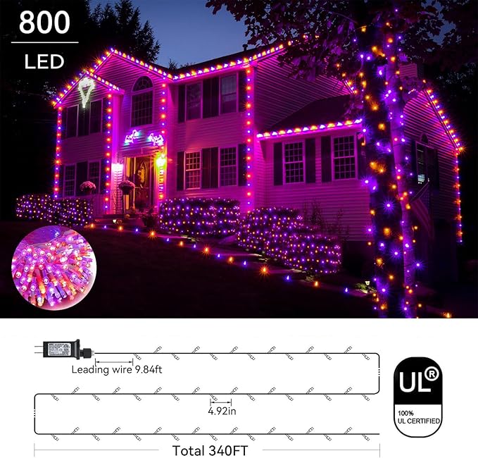 Purple and Orange Halloween Lights 800LED 330FT String Lights 8 Modes Timer Plug in Waterproof Indoor Outdoor Christmas for Garden Party Decoration JT-EL/FC300V0200