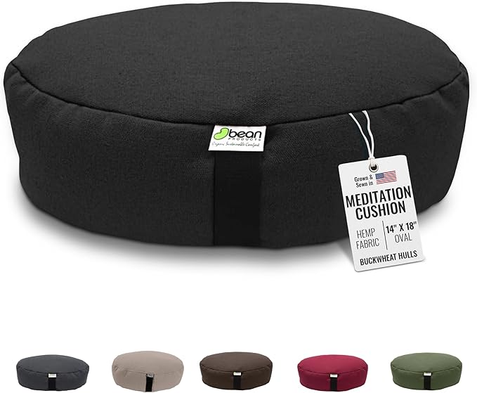 Bean Products Hemp Zafu Meditation Cushion for Sitting on Floor Hemp Yoga Pillow Zafu Meditation Pillow Zen Seiza Kneeling Prayer Pad Support - Made in USA - Oval Black