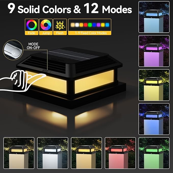 Solar Post Cap Lights Outdoor with Remote 12 Pack Waterproof RGB Color Changing Fit 4x4 5x5 Wood/Vinyl Posts Black Fence Post Solar Lights with 12 Color Modes for Deck Patio Garden Decoration