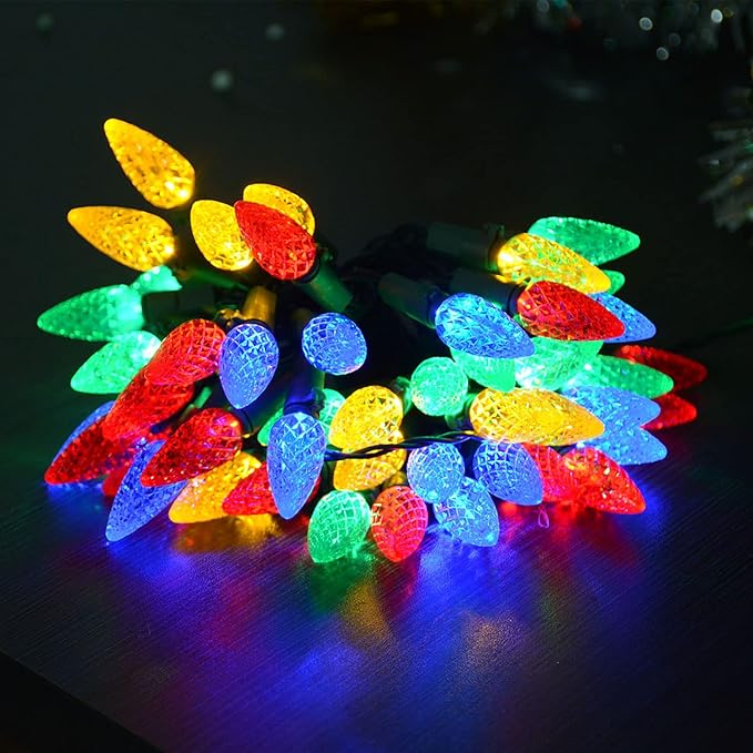 50 LED 21Ft C6 Solar Christmas Lights Outdoor 8 Modes C6 Strawberry String Lights Waterproof Outdoor Christmas Solar Lights for Xmas Tree Wreath Garland Decor