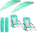Huwena 2 Pack Beach Chair for Adult with 2 Umbrella Low Folding Chair Detachable Adjustable Lightweight with Armrests Cup Holder Carry Bag Portable for Sand Camping Travel Outdoor Pool (Green)