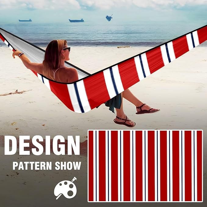 Outdoor Camping Hammock Stripes Red White Double Single Hammocks with 2 Tree Straps Lightweight Portable Heavy Duty Nylon Hammocks for Backpacking Travel Beach Backyard Patio Hiking