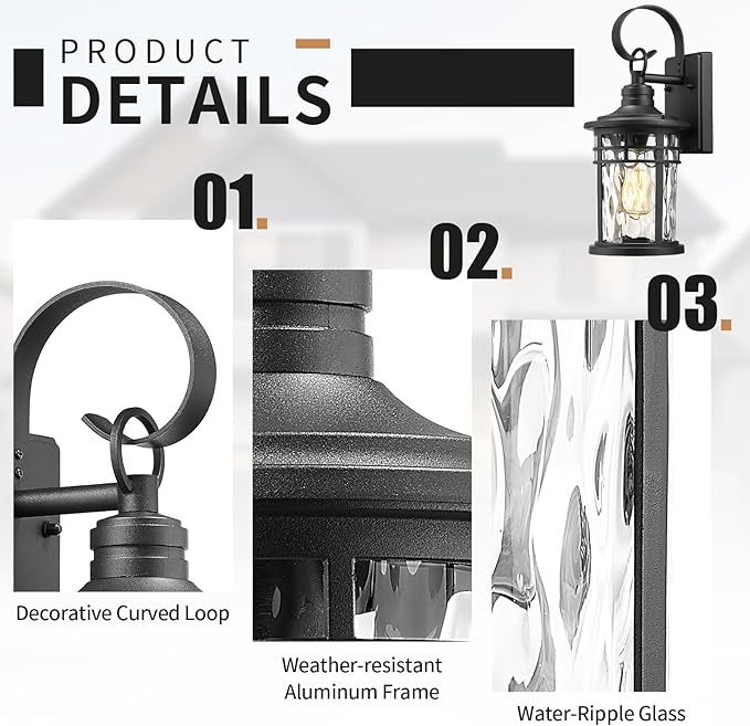 Darkaway Outdoor Wall LightsExterior Lighting Fixtures Wall Mount Porch Lights Waterproof Outdoor Sconce with Water Ripple Glass for House Patio Hallway Garage