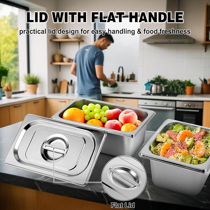 West Bay 4 Pack 1/4 Size Hotel Pan with Lids 4'' Deep Steam Table Pan with Lid 10.2''L x 6.3''W Stainless Steel Pans for Home Party Hotel Buffet