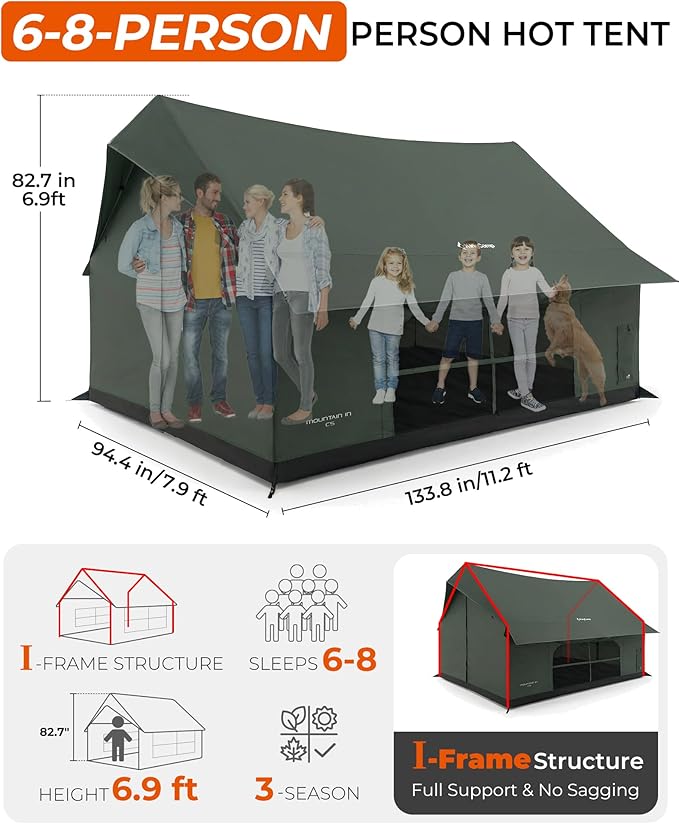 KingCamp Camping Tent with Floor 6-8 Person Canvas Hot Tent with Stove Jack Waterproof &amp Windproof Cabin Tent for Family Camping &amp Outdoor Parties