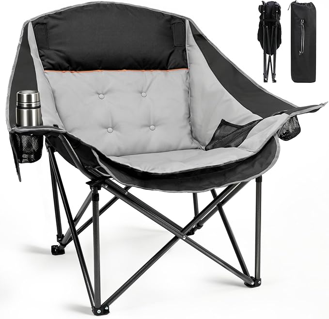 Slendor Oversized Camping Chairs - Heavy Duty Padded Outdoor Folding Camp Chair with Cup Holder and Carry Bag for Outside Sports Beach Fishing Lawn Portable Supports 500lbs Black Gray