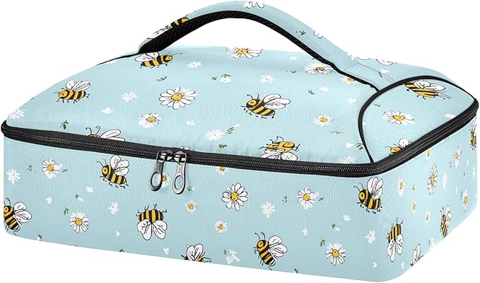 Casserole Carrier Cartoon-style Small BeesInsulated Casserole Carrier for Hot or Cold Food Thermal Lunch Tote for Potluck Parties Picnic Beach Fits 9 x 13 Inches Baking Dish