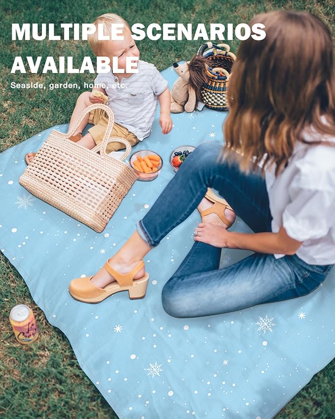 Beach Blanket Waterproof Sandproof Christmas Winter Snowflakes Quick Drying Beach Mat with 4 Stakes White Snowflake Seamless Blue Lightweight Picnic Blanket for Travel Camping Outdoor 83x79