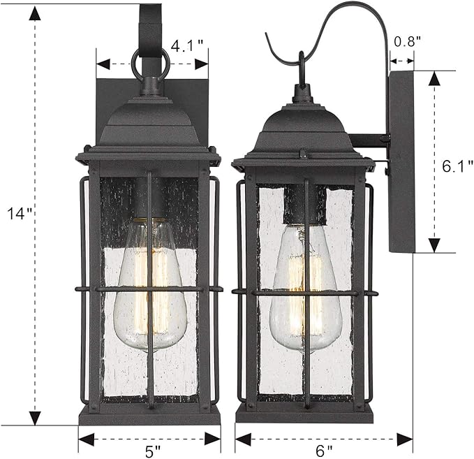 zeyu 1-Light Outdoor Wall Sconce Lantern 14 inch Exterior Light Fixtures Wall Mount in Black Finish with Seeded Glass Shade 20071B1