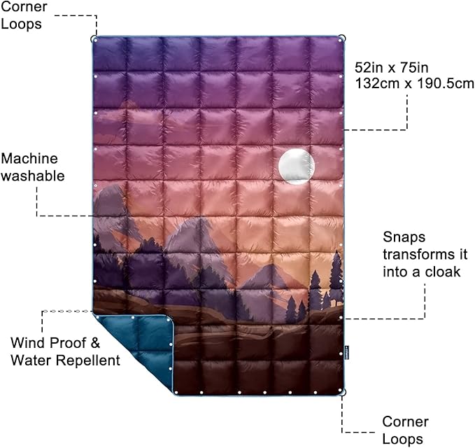zzlamb Camping Blanket for Cold WeatherOutdoor Puffy Blanket Portable Down AlternativeWindproof Warm Cloak with SnapsCozy Quilt Backpacking Picnic RV Travel Plane Car Hammock Beach Climbing