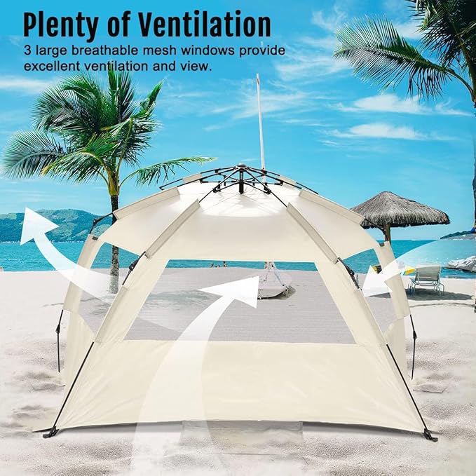 WhiteFang Deluxe Pop Up Beach Tent Sun Shade Shelter for 3-4/5-6 Person UV Protection Extendable Floor with 3 Ventilating Windows Plus Carrying Bag Stakes and Guy Lines