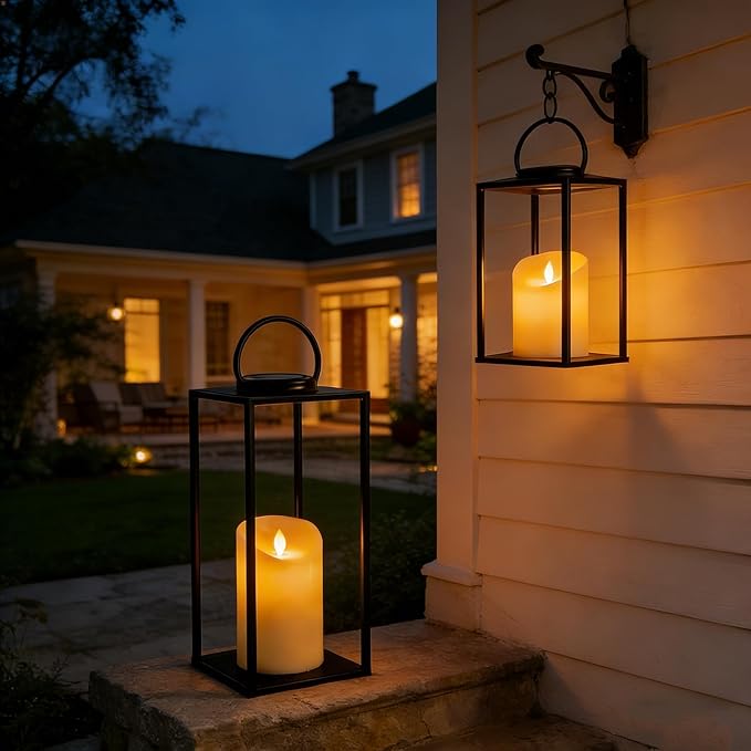 Set of 2 Large Solar Lanterns Outdoor Lighting 18 &amp 11 Inch - Black Metal Waterproof for Porch Patio Garden Decor Farmhouse Style All Year Round with Solar Candles