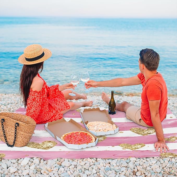 Waterproof Sandproof Beach Blanket 59''×68'' Golden Heart Pattern Polyester Outdoor Picnic Blanket with 4 Stakes &amp Storage Bag for BeachCampingVacation