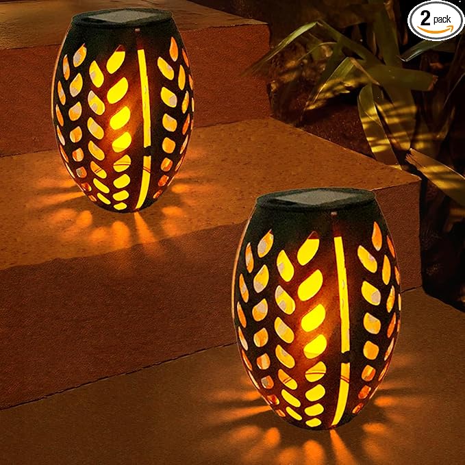 2PCS Solar Table Lanterns with Flickering Flame Light Outdoor Waterproof Metal Desktop Decorative Lamp with Hollow Design for Tabletop Garden 7.3 H Black Leaf