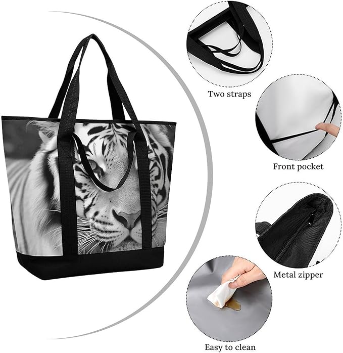 Insulated Shopping BagLarge Reusable Cooler Bags Black White Tiger Printed Foldable Shopping BagTravel Waterproof Shoulder Bag