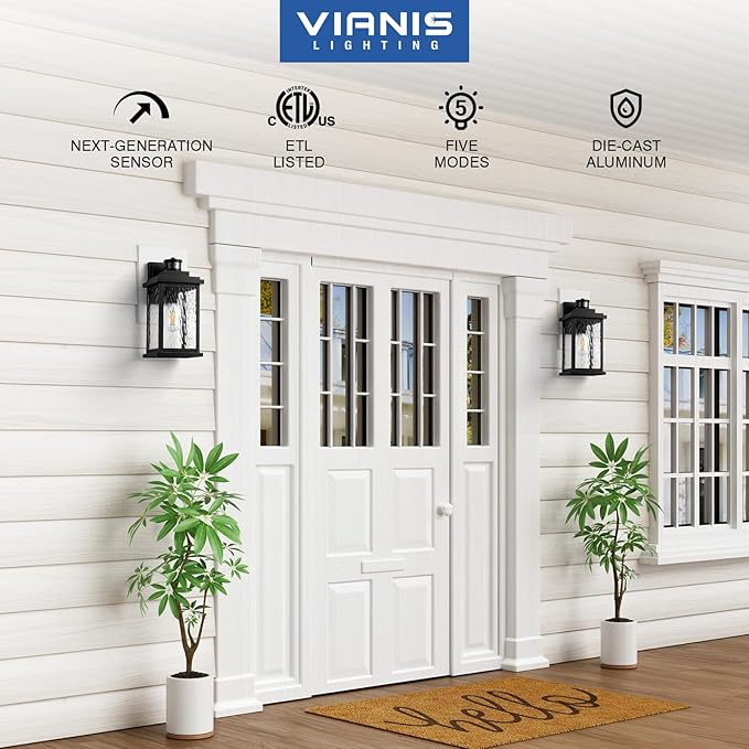 VIANIS 2 Pack Large Advanced Motion Sensor Outdoor Lights Black Easy-to-Install Dusk to Dawn Outdoor Wall Lights Aluminum Waterproof Porch Light with Water Glass for Porch Garden Front Door