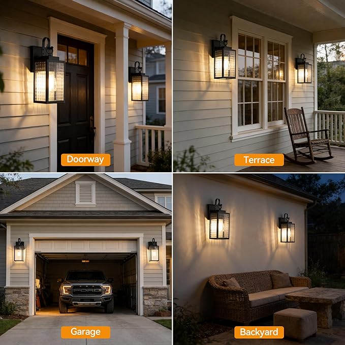 11.8-inch Dusk to Dawn Outdoor Lighting with Checkered Glass IP65 Waterproof All-Metal Black Exterior Light Fixture Outdoor Porch Light for Front Door Garage Patio