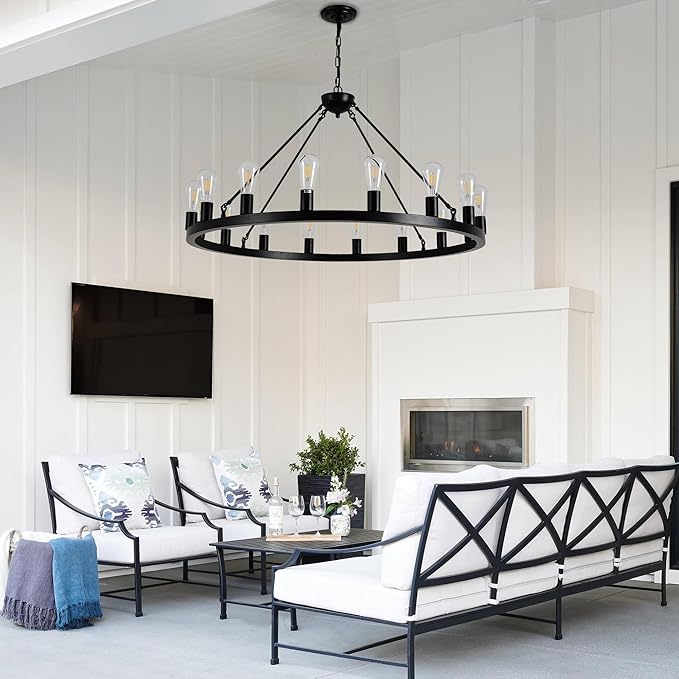 40 Black Wagon Wheel ChandelierE26 16-Light Large Round Rustic Farmhouse Chandelier Industrial Pendant Light Fixtures for Dining Room Living Room Kitchen Island Entryway Foyer