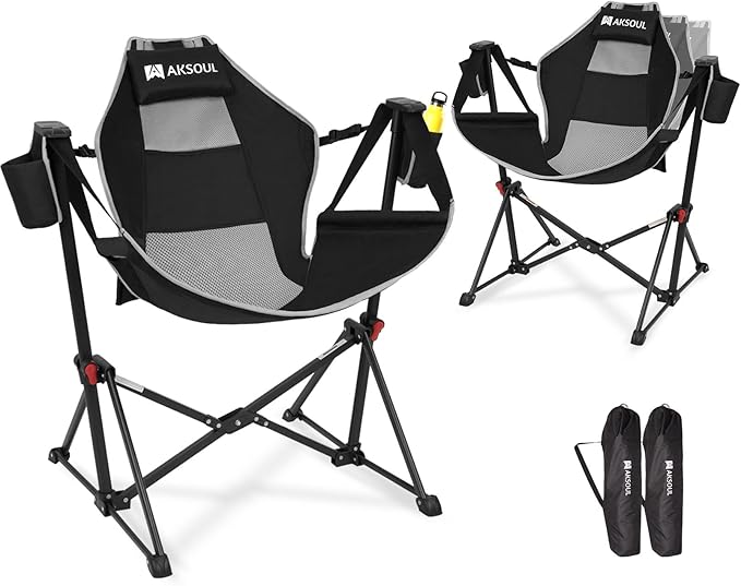 AKSOUL Hammock Camping Chair Swinging: Aluminum Alloy Adjustable Back Swinging Chair Folding Rocking Chair with Pillow Cup Holder Recliner for Outdoor Travel Sports Games Lawn Concerts Backyard
