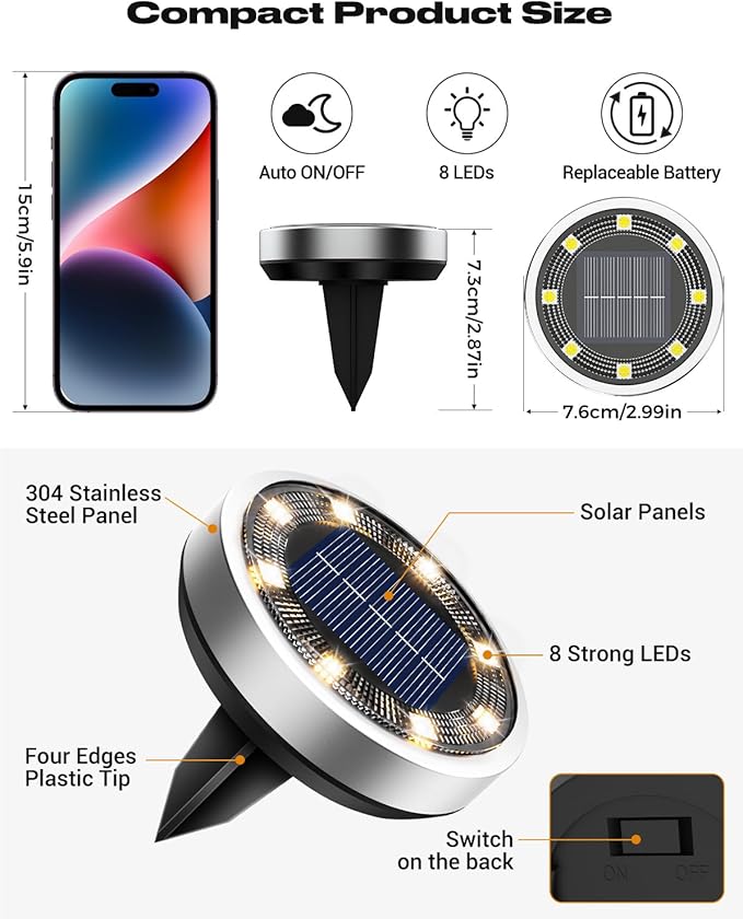 btfarm 24 Pack Solar Lights Outdoor 8 LED Solar Ground Lights IP65 Waterproof Flat Solar Disc Light Pathway Lights for Garden Lawn Patio Yard Path Landscape Warm White