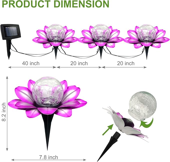 LEWIS&ampWAYNE Solar Garden Lights Outdoor 3 Pcs Purple Lotus Flower Pathway Lamps with Cool White Crackle Glass Globe Led Lights for Patio Pathway Yard Balcony Garden Decorations