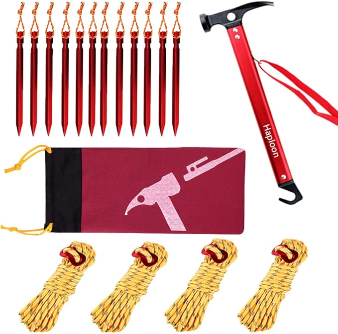 Haploon 12 Pack Tent Stake and Hammer Camping Accessories Kit Aluminum Tent Mallet Stake Hammer with 7 Inch Metal Tent Pegs Nylon Guyline Rope 4x13ft with Cord Adjuster and Canvas Storage Bag