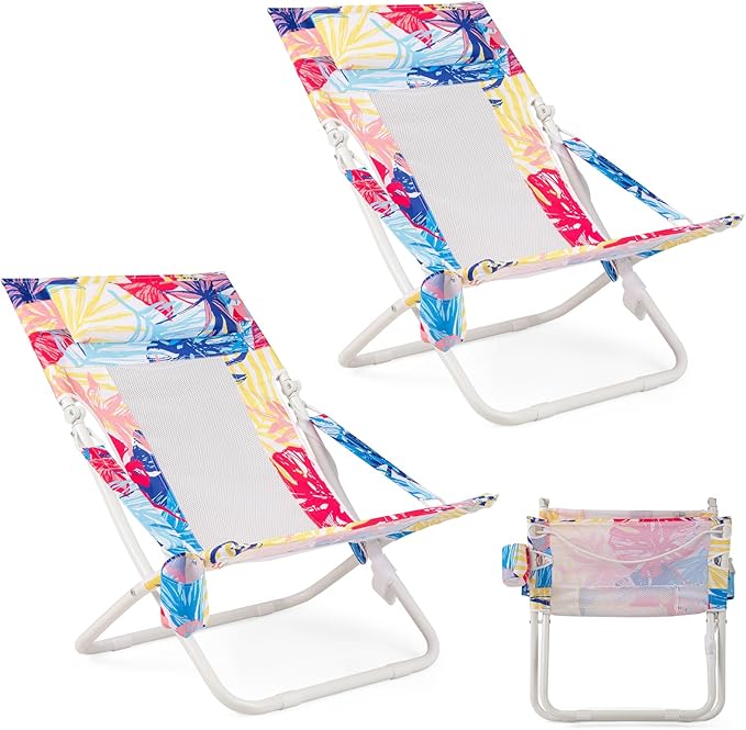 Giantex 2-Pack Folding Beach Chair Low Lawn Chairs with Padded Head Pillow Mesh Back Cup Holder and Armrests Portable Outdoor Lounge Chair for Camping Sunbathing Picnic Fishing