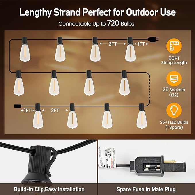 Outdoor String Lights 50 FT 26 Shatterproof LED Bulbs UL Certified Patio Lights Outdoor Light Strings Waterproof for Patio Yard Outside Party Wedding Connectable Dimmable 25 Sockets 2700K