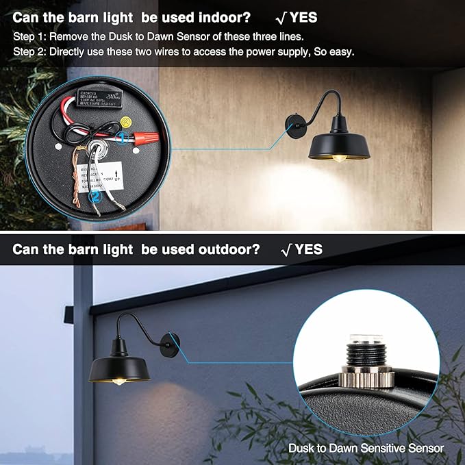 Gooseneck Barn-Lights Outdoor Fixture - 11 inch Farm Style Black Large Lighting Farmhouse Exterior Sconce Wall Light for House Dusk to Dawn Sensor Front Door Porch Garage (11 inch)