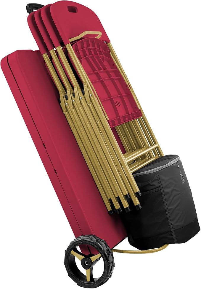 Creative Outdoor Folding Table and Chairs 6 Ft Built-in Wheels Portable Durable Plastic (Dark Red &amp Gold)