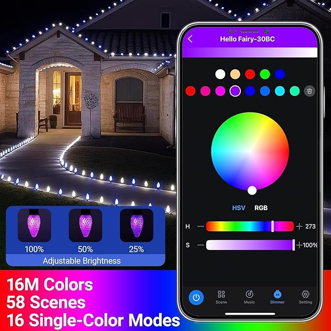 C9 Christmas Lights Outdoor 33FT 50 LED RGB Color Changing BulbsApp Bluetooth Music Sync DIY Scenes &amp Timers Connectable to 198FT IP44 Waterproof Roofline Eaves Porch Fence Decorations