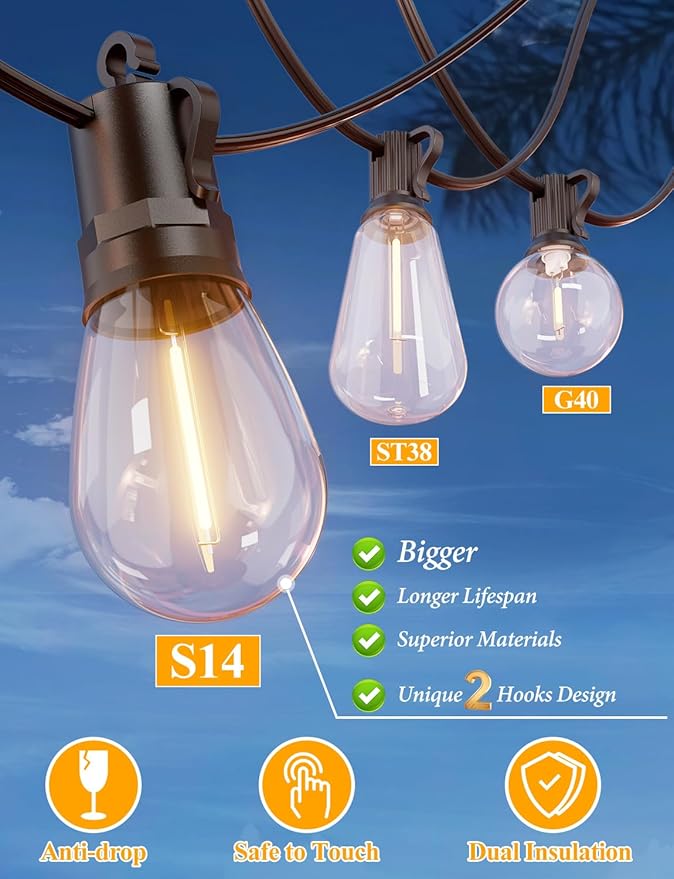 Brightever 150FT Outdoor String Lights Patio Lights with 45+2 S14 Shatterproof E12 Base LED Bulbs Outside Hanging Decorative Lights Waterproof for Porch Balcony Backyard Bistro 2700K Dimmable