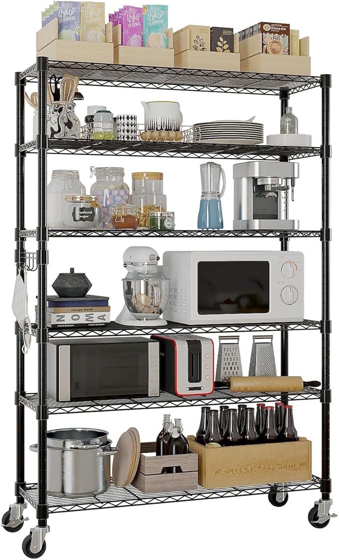 6-Story Storage Rack Adjustable Heavy-Duty Steel Wire Rack With Wheels/Leveling Feet Suitable For Garages Kitchens Laundry Rooms And Basements (Black 46.06 Inches X 17.71 Inches X 81.88 Inches)