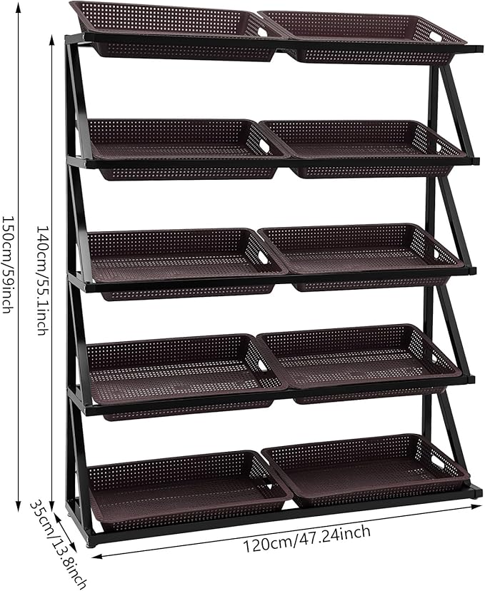 5-Tier Retail Display Rack Market Shelf Snack Rack with Adjustable Feet Supermarket Retail Display Stand with Metal Frame for Home Restaurants and Fruit Stores 47.24x13.78x59.06in