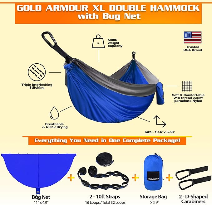 Gold Armour Camping Hammock with Bug Net - XL Double Hammock Portable Hammock Camping Accessories Gear Mosquito Bug Net Set for Outdoor Indoor USA Based Brand (Blue &amp Gray)